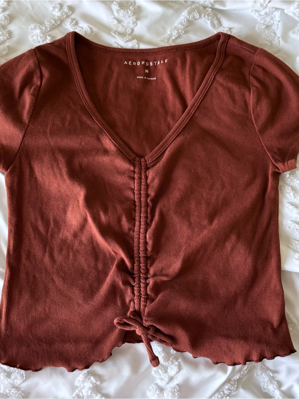 Aeropostale Women's Rust Tie-Front Ribbed V-Neck Tee